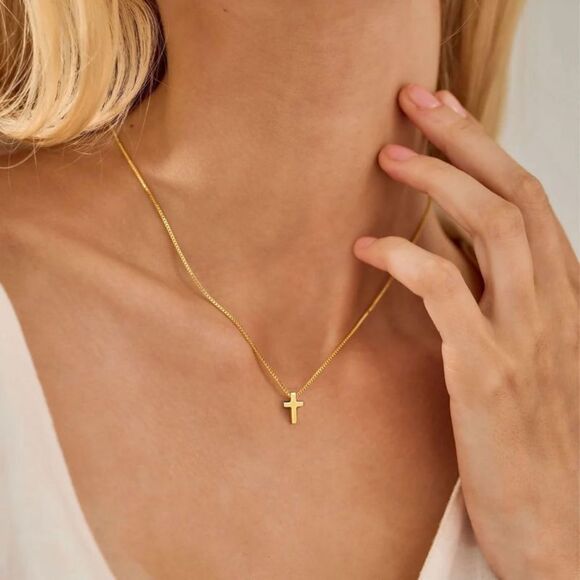 Gold Cross Necklace 14K Gold Plated Baptism Gift Cross Necklace Dainty Pendant - Picture 4 of 7